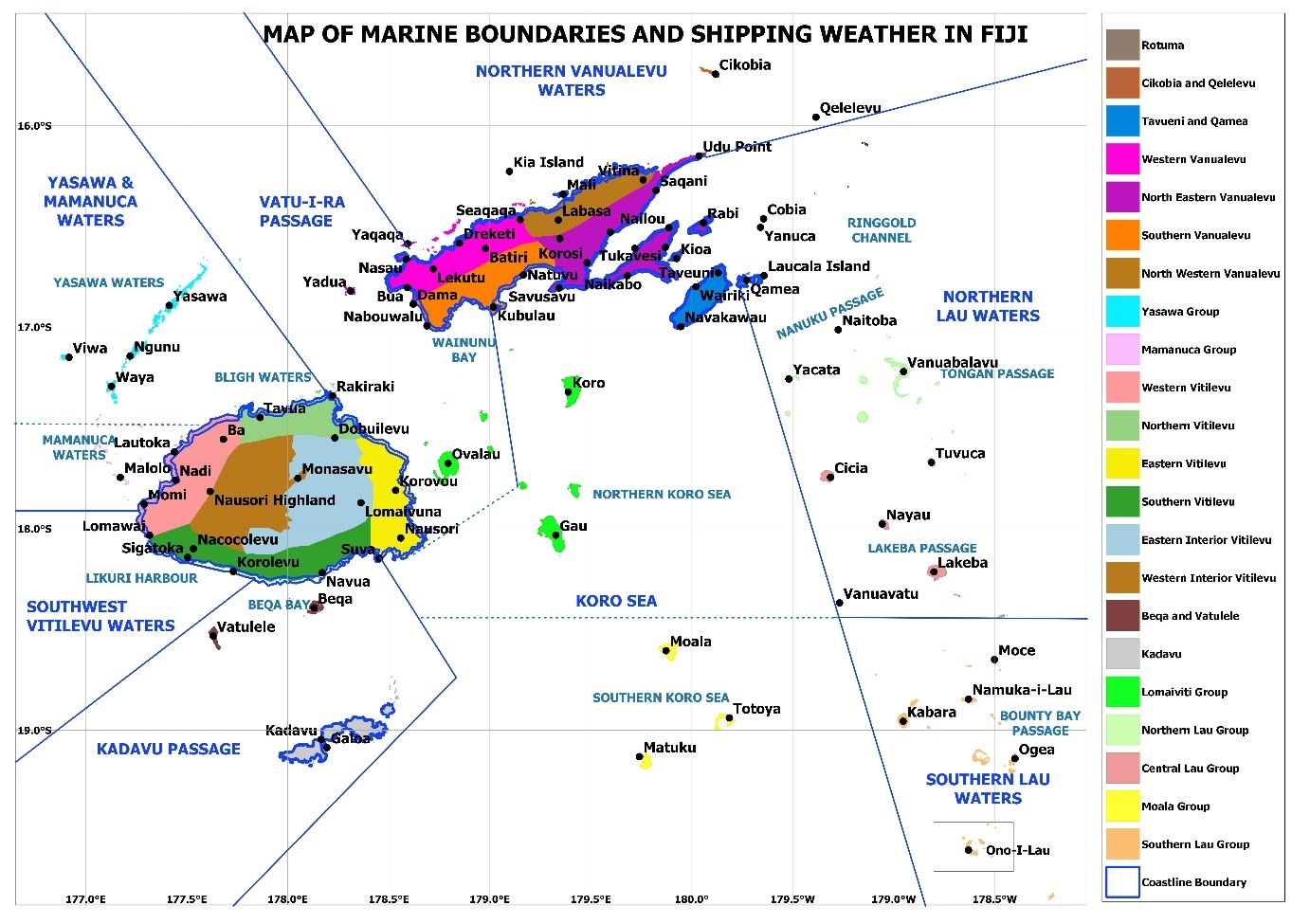 Map of Marine Boundaries and Shipping Weather in Fiji